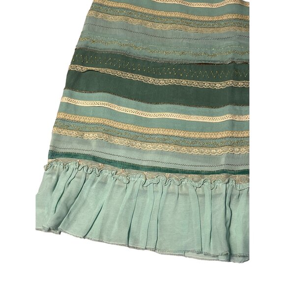 Odille Green & Cream Lace Ribbon Stripe Ruffle Skirt Anthropologie Gold Viscose - Picture 15 of 15